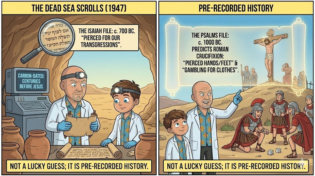 Conceptual visual: Ancient manuscript scroll with glowing digital timestamps overlaid, symbolizing the verification of prophecy as 'timestamped' evidence—an intersection of ancient text and cryptographic digital authenticity